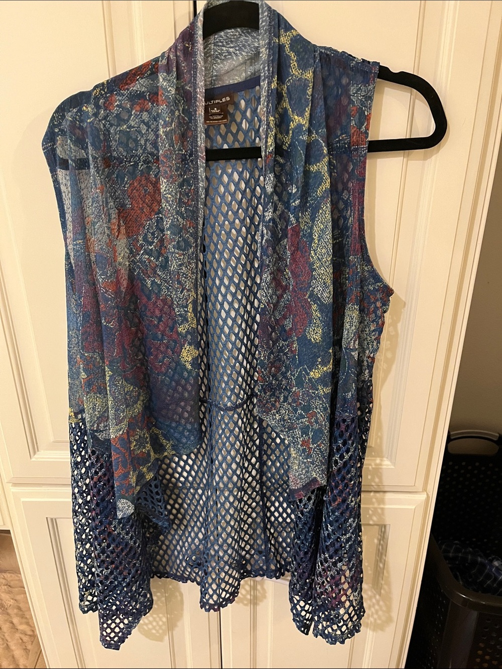 Multiples Blue Floral Mesh Open-Front Sleeveless Vest with Crochet Hem